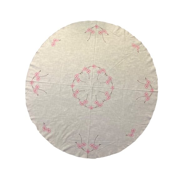 Vintage Handmade Round Tablecloth Used Cream with Pink and Brown - Picture 12 of 16